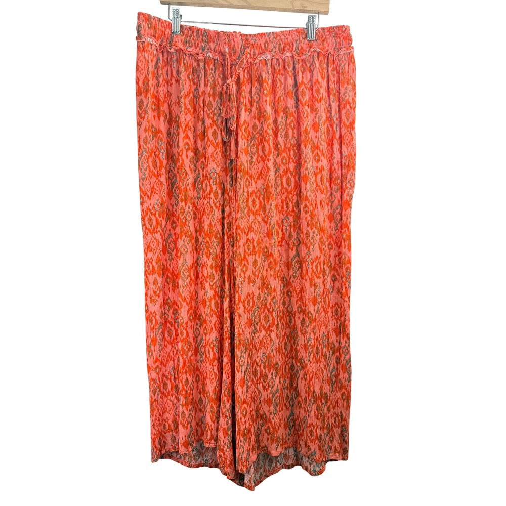 One World Orange Boho Abstract Flowy Wide Leg Pant Sz 1X Vacation Festival Comfy